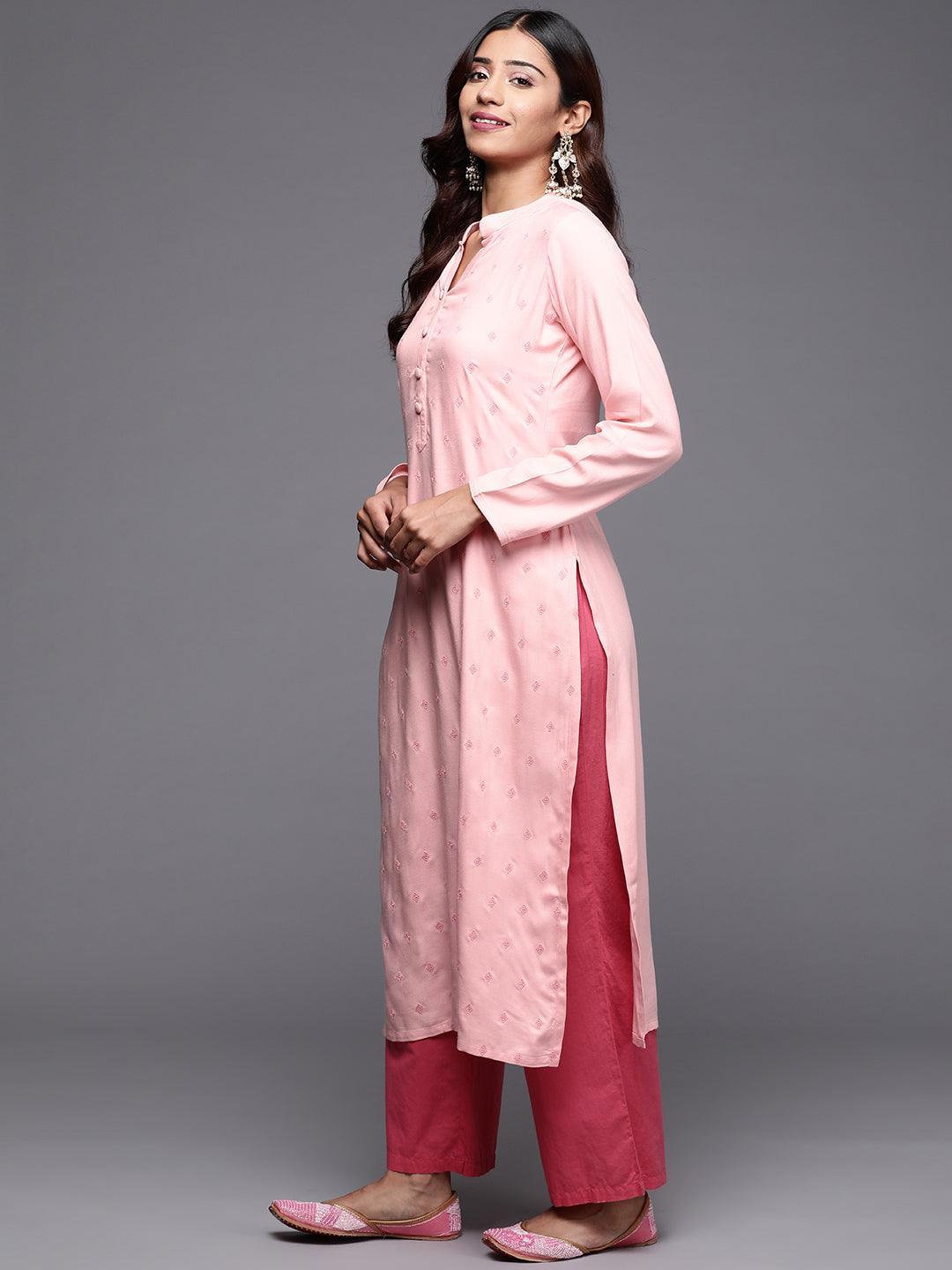 Peach Embroidered Pashmina Wool Straight Kurta