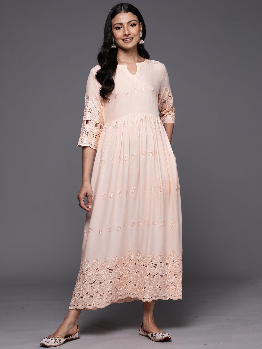 Peach Embroidered Rayon Fit and Flare Dress - ShopLibas