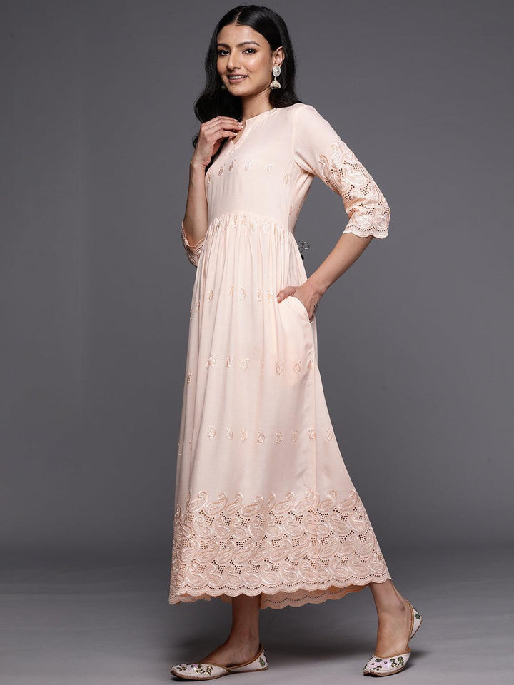 Peach Embroidered Rayon Fit and Flare Dress - ShopLibas