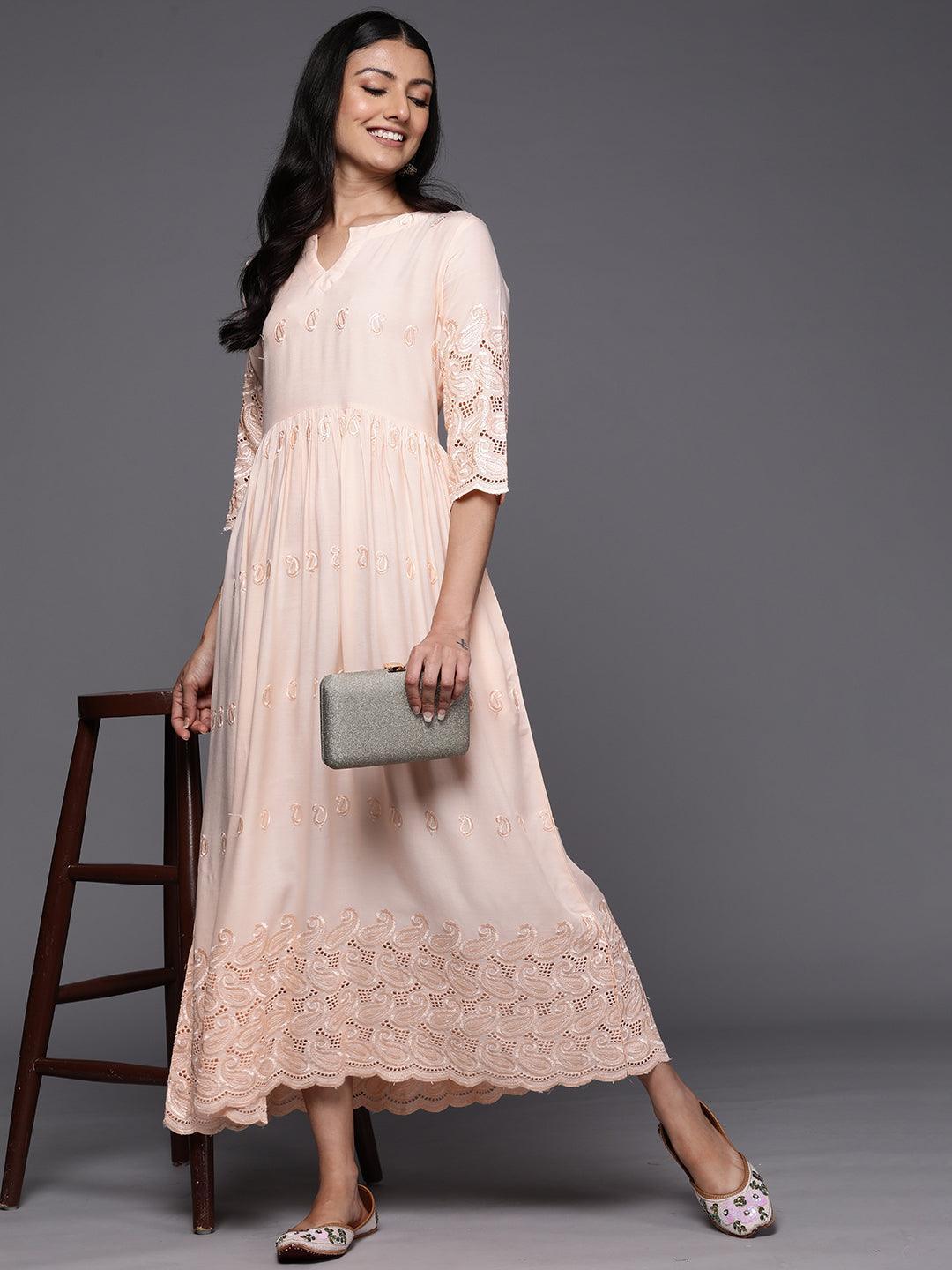 Peach Embroidered Rayon Fit and Flare Dress