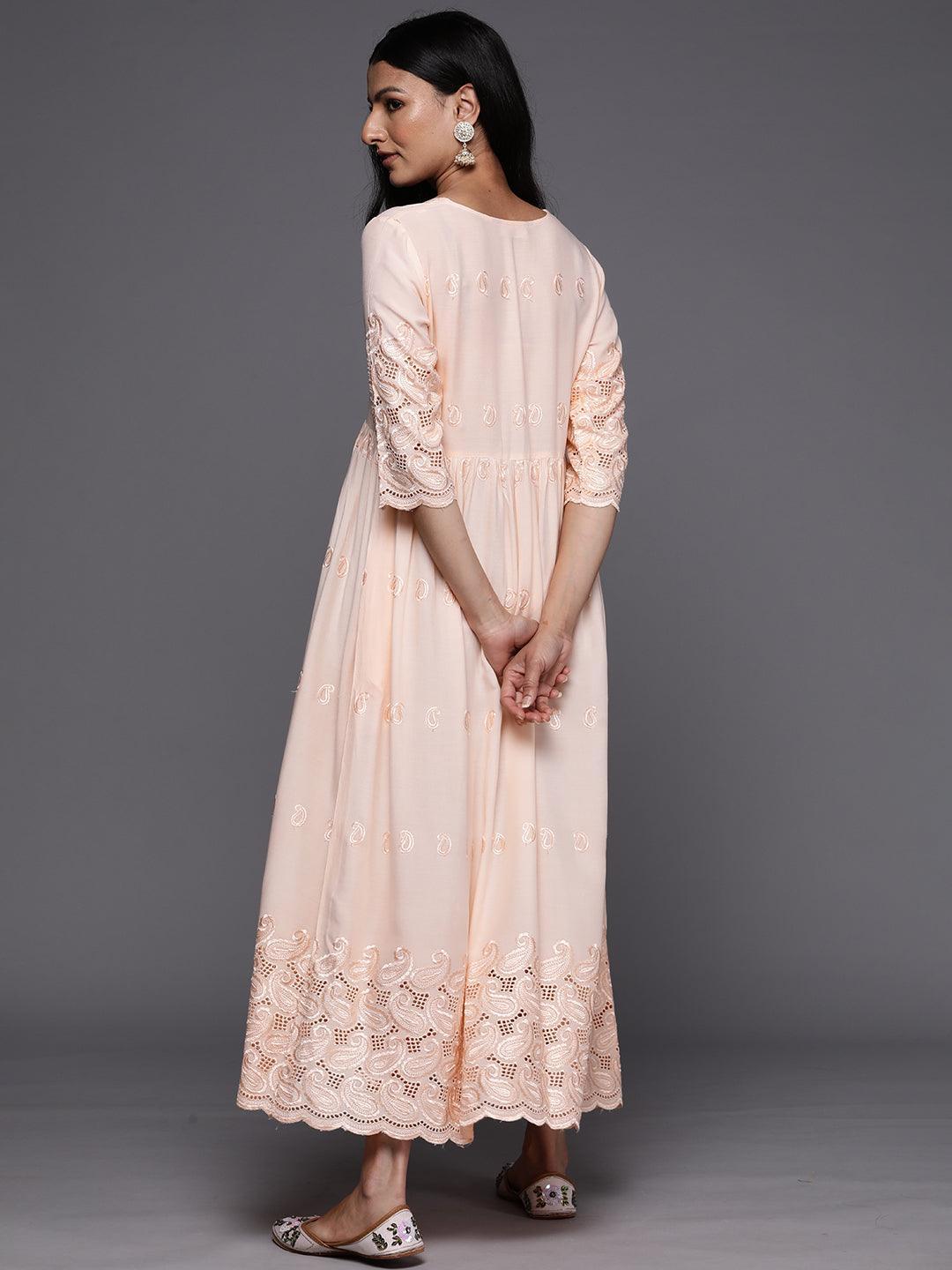 Peach Embroidered Rayon Fit and Flare Dress - ShopLibas