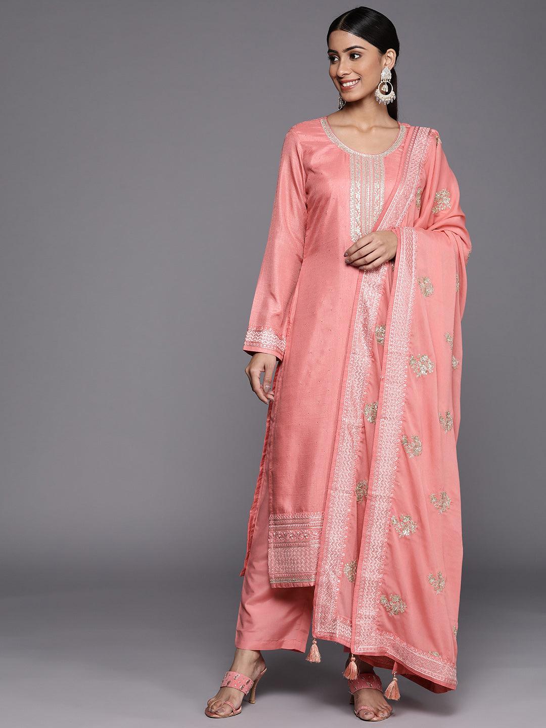 Peach Embroidered Silk Blend Straight Suit Set