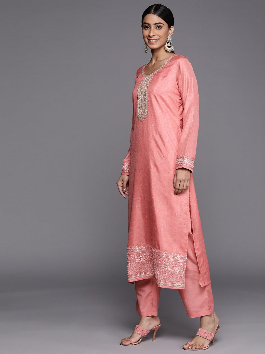 Peach Embroidered Silk Blend Straight Suit Set