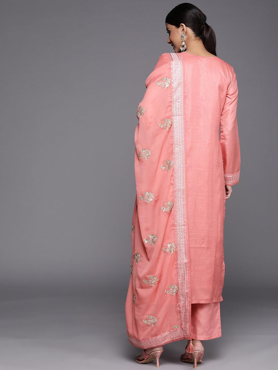 Peach Embroidered Silk Blend Straight Suit Set - ShopLibas