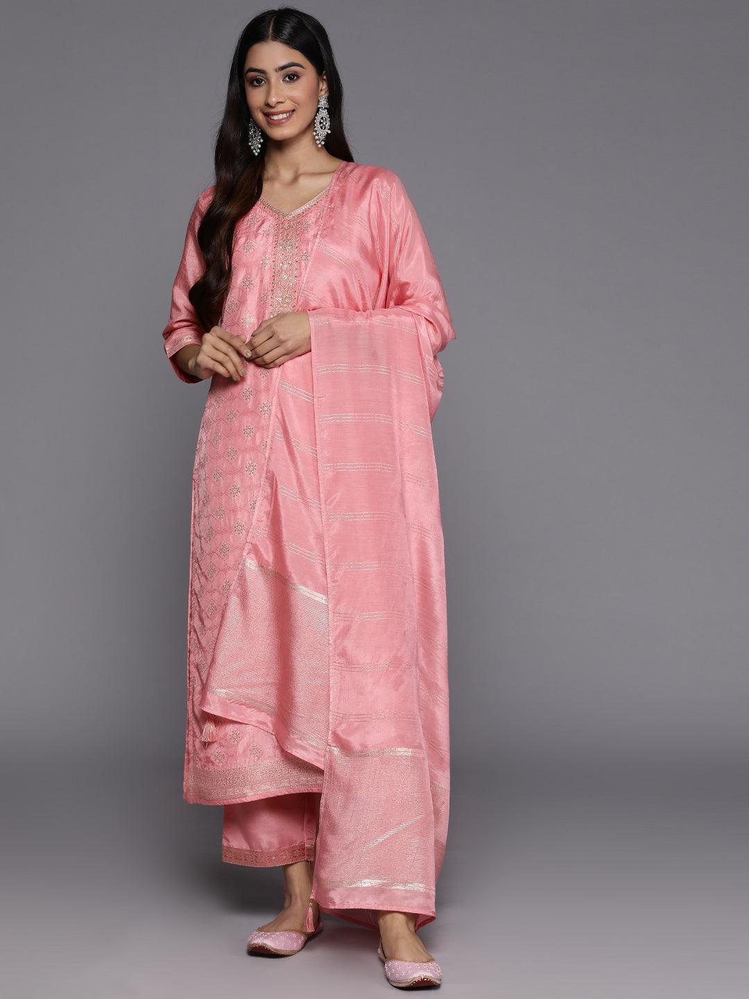 Peach Embroidered Silk Blend Suit Set With Trousers