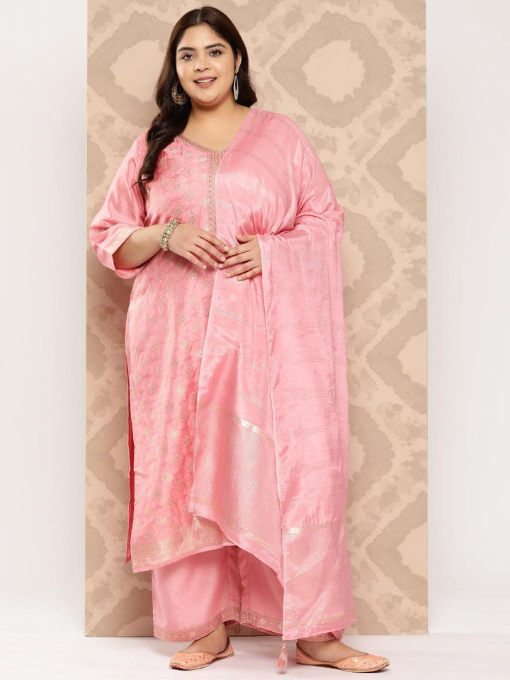 Peach Embroidered Silk Blend Straight Kurta With Trousers and Dupatta - Libas