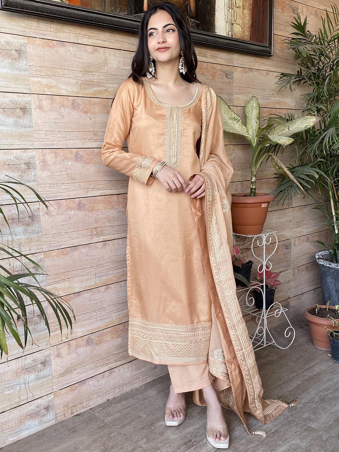 Peach Embroidered Silk Blend Straight Suit Set - ShopLibas