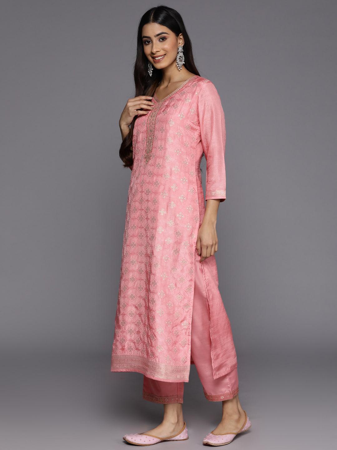 Peach Embroidered Silk Blend Suit Set With Trousers