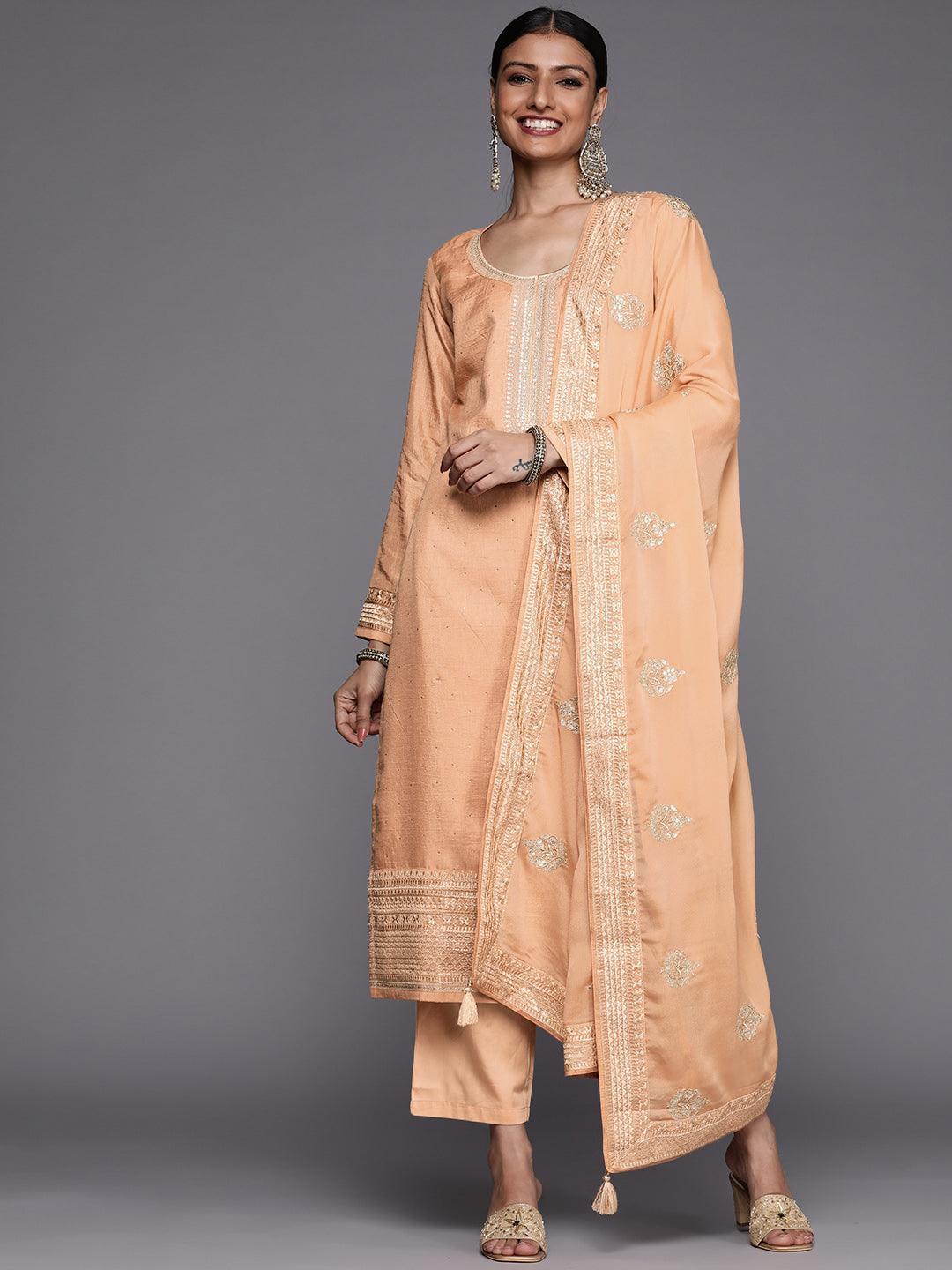 Peach Embroidered Silk Blend Straight Suit Set - ShopLibas