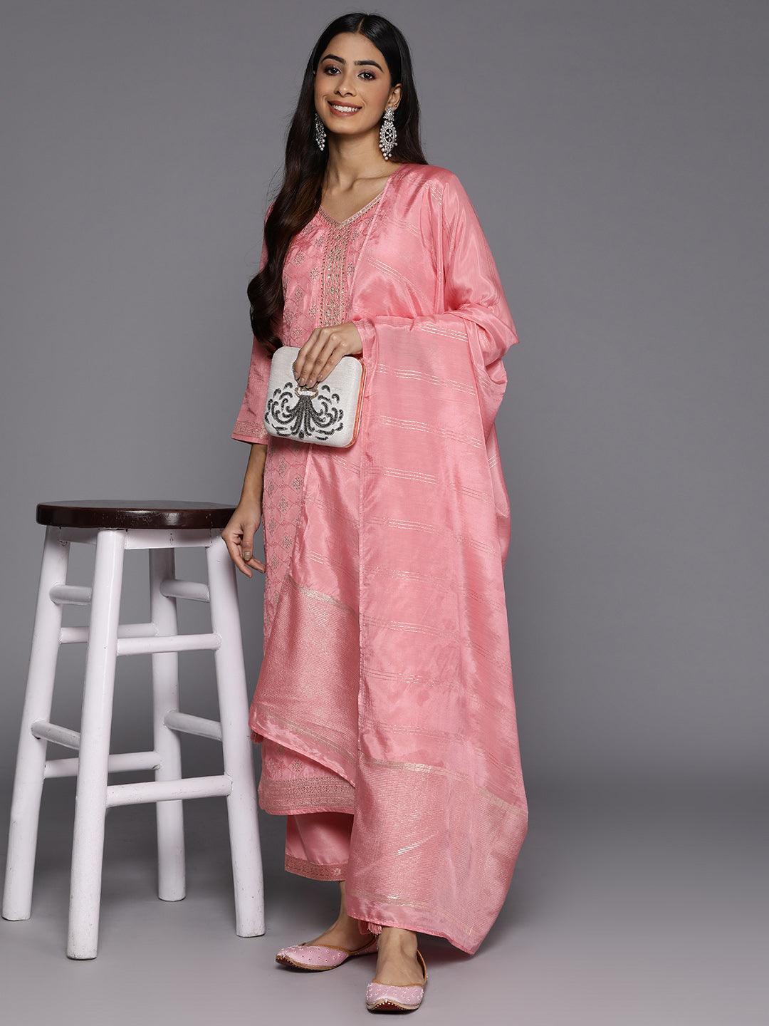 Peach Embroidered Silk Blend Suit Set With Trousers