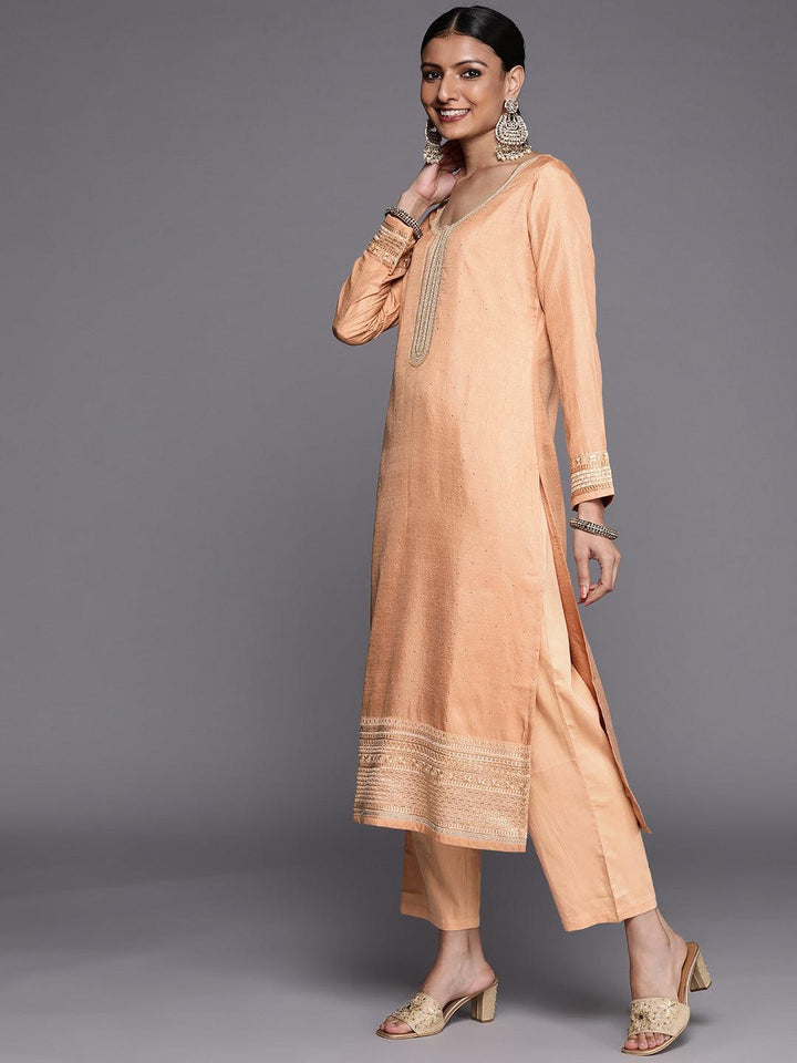 Peach Embroidered Silk Blend Straight Suit Set - ShopLibas