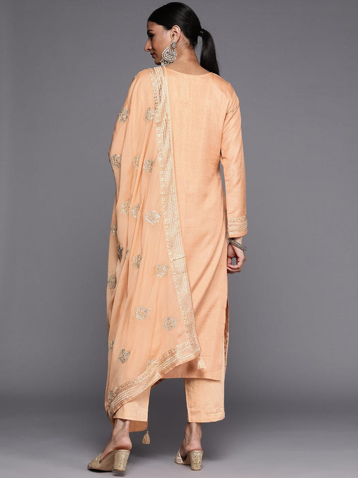 Peach Embroidered Silk Blend Straight Suit Set - ShopLibas