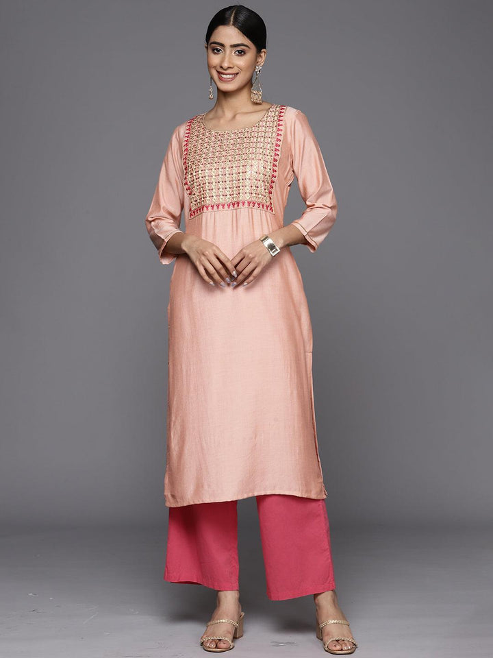 Peach Embroidered Silk Straight Kurta - ShopLibas