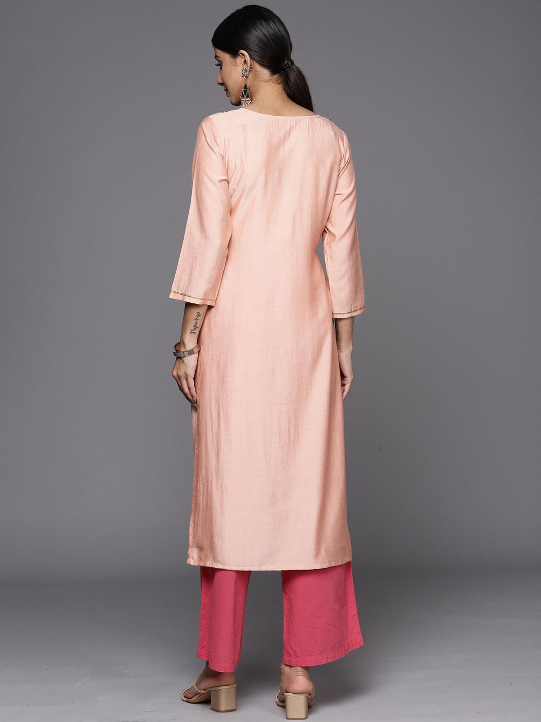 Peach Embroidered Silk Straight Kurta - ShopLibas