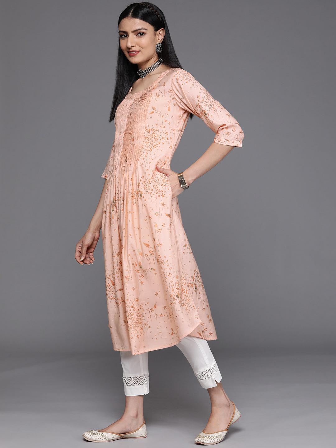 Peach Printed Chanderi Silk Kurta