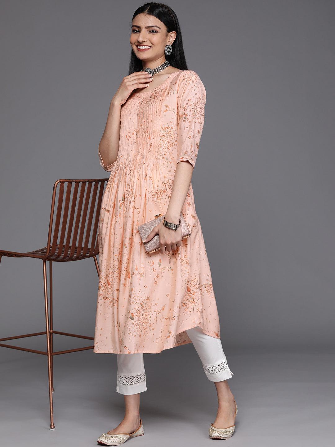 Peach Printed Chanderi Silk Kurta