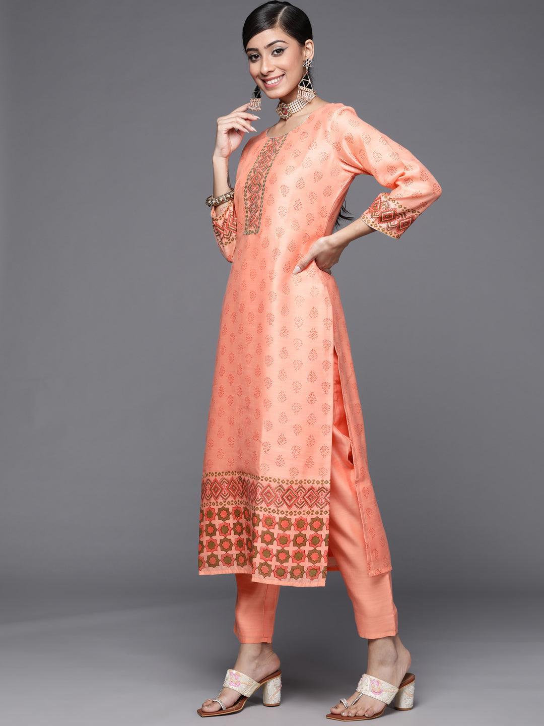 Peach Printed Chanderi Silk Suit Set