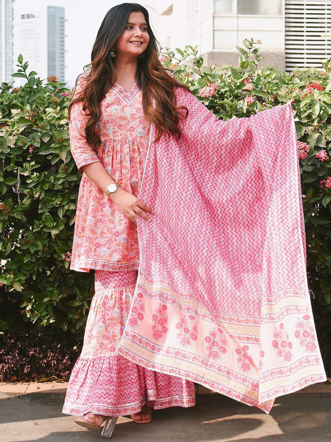 Peach Printed Cotton Anarkali Sharara Suit Set - ShopLibas