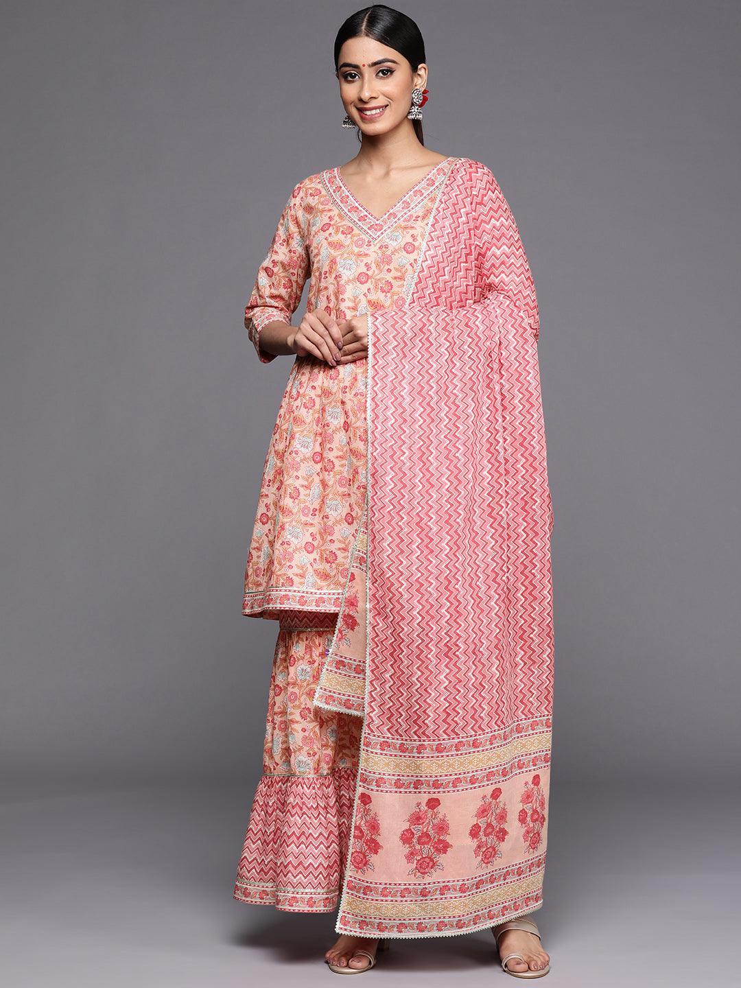 Peach Printed Cotton Anarkali Sharara Suit Set - ShopLibas