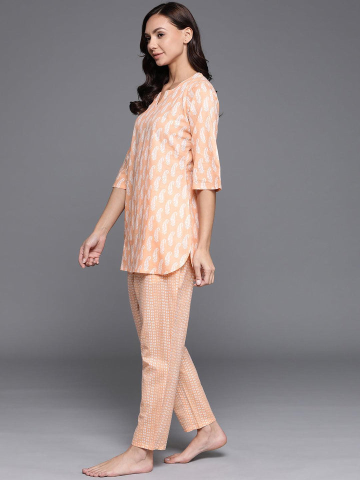 Peach Printed Cotton Night Suit - ShopLibas