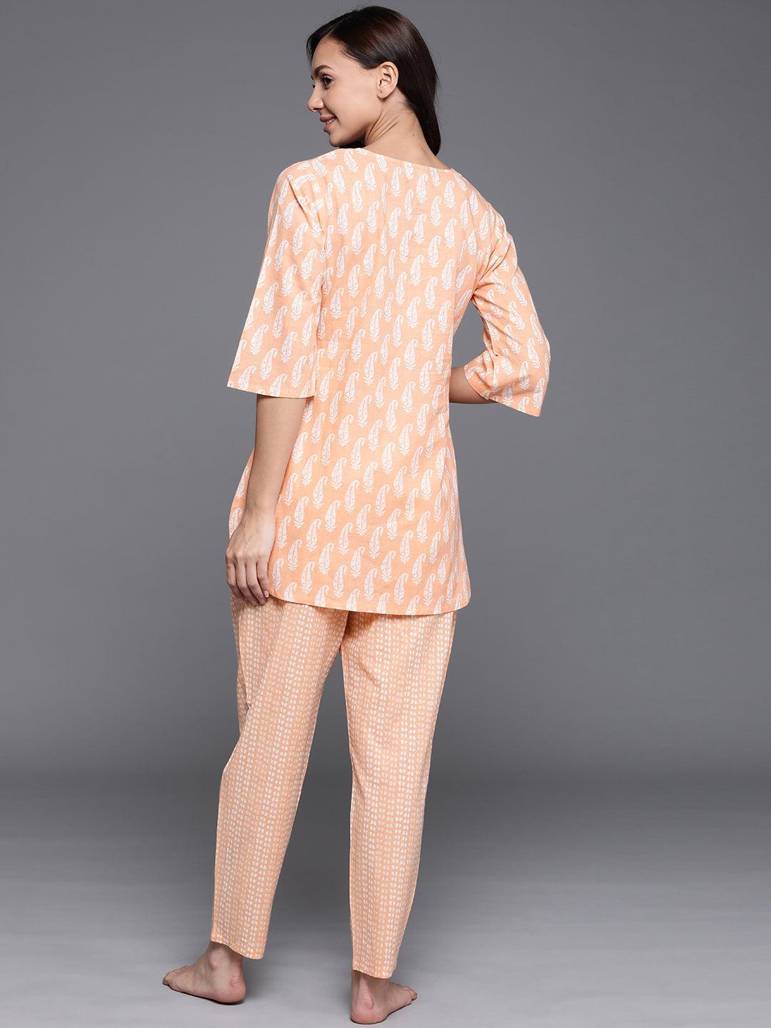 Peach Printed Cotton Night Suit - ShopLibas