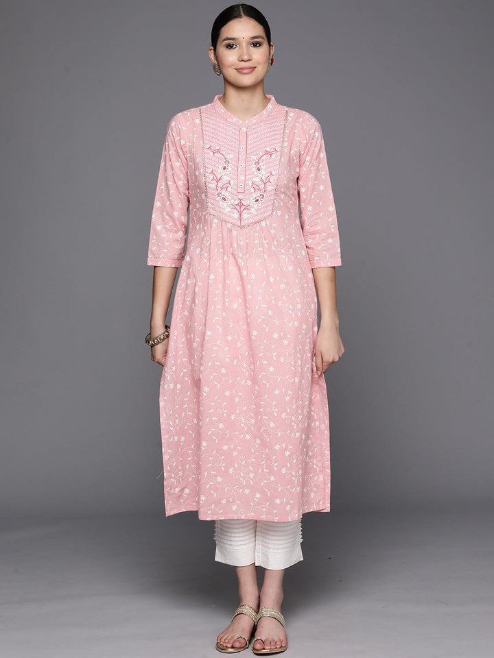 Peach Printed Cotton Straight Kurta - Libas