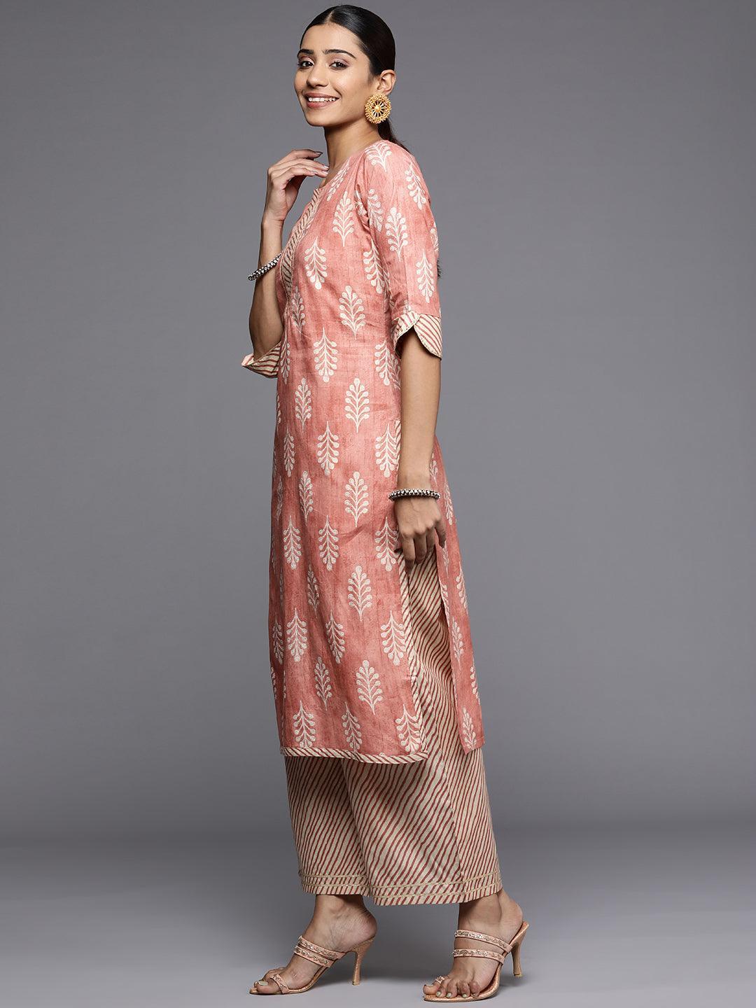 Peach Printed Cotton Straight Kurta - ShopLibas