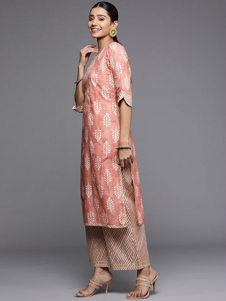 Peach Printed Cotton Straight Kurta - ShopLibas