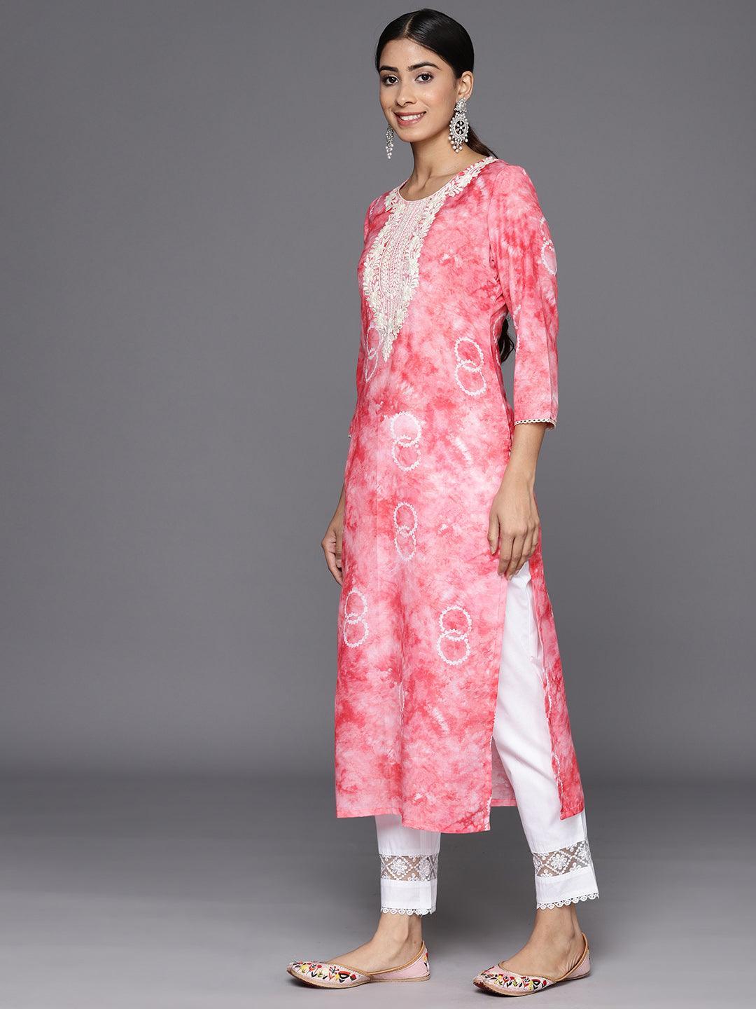 Peach Printed Cotton Straight Kurta - Libas