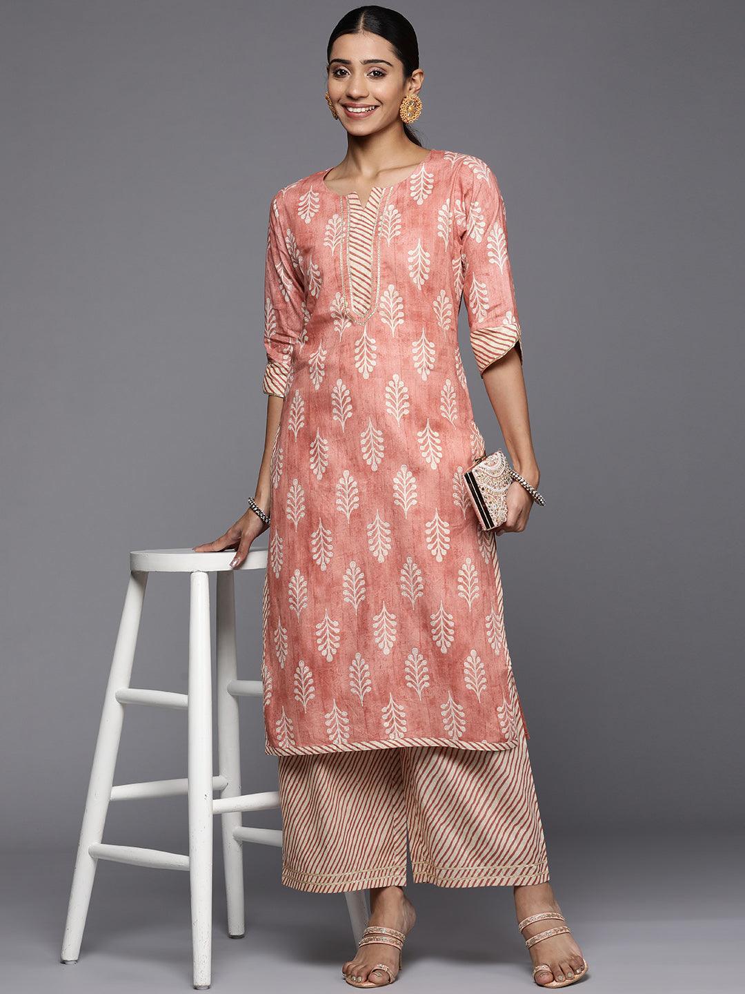 Peach Printed Cotton Straight Kurta - ShopLibas