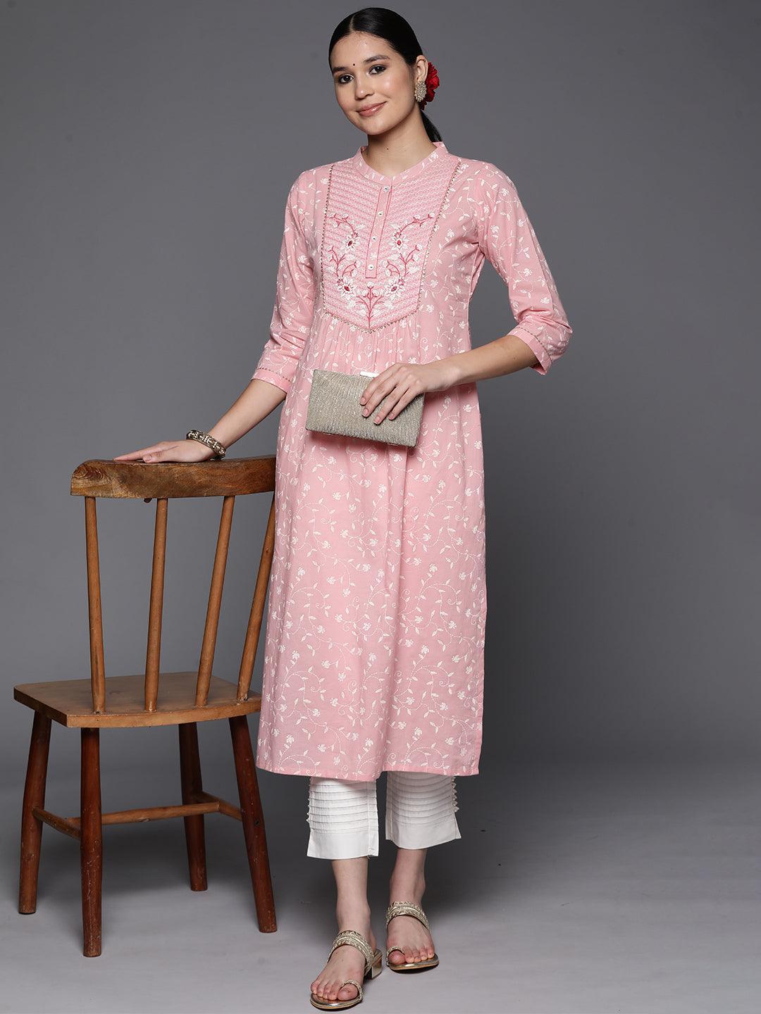 Peach Printed Cotton Straight Kurta - Libas