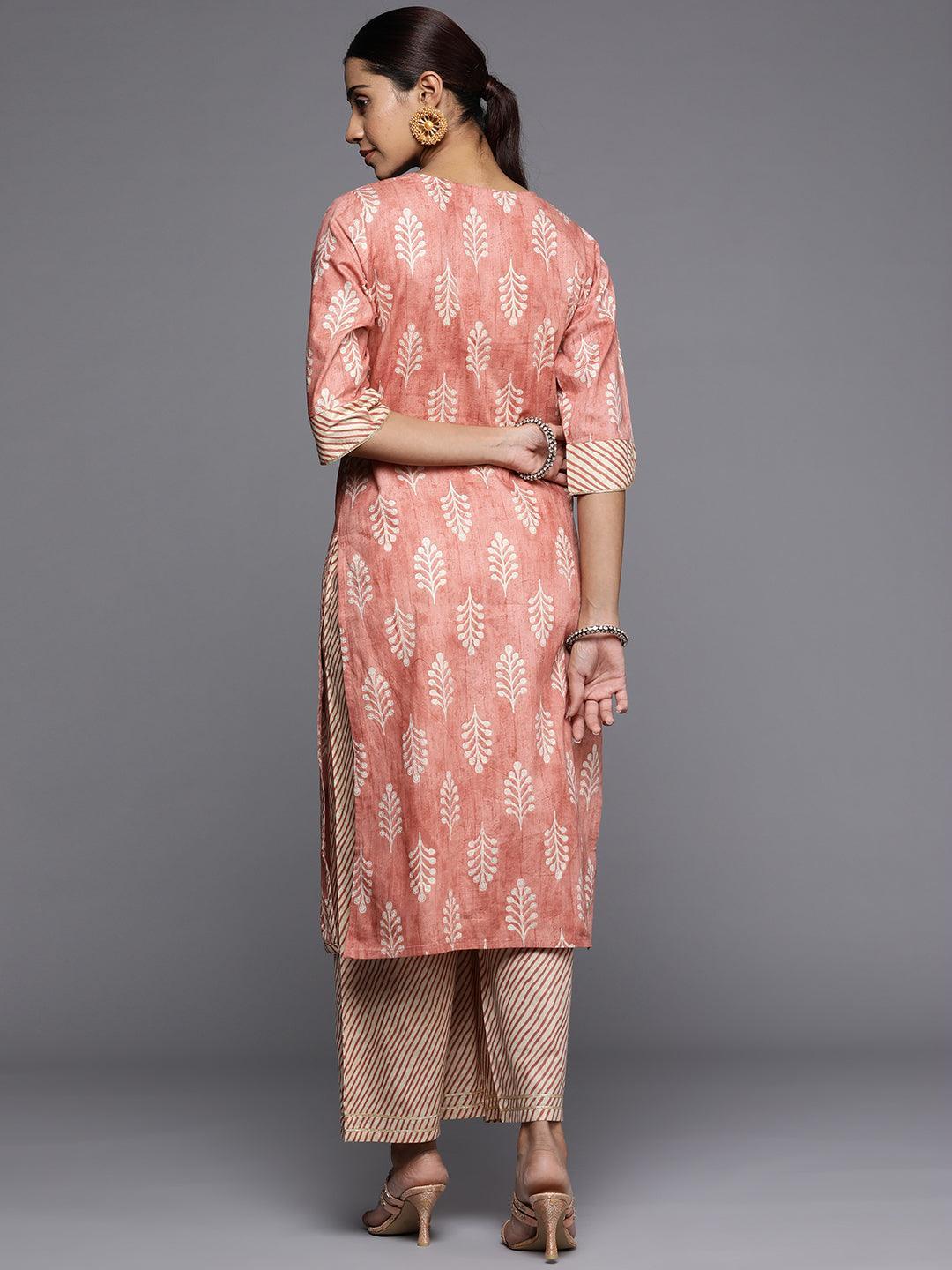 Peach Printed Cotton Straight Kurta - ShopLibas