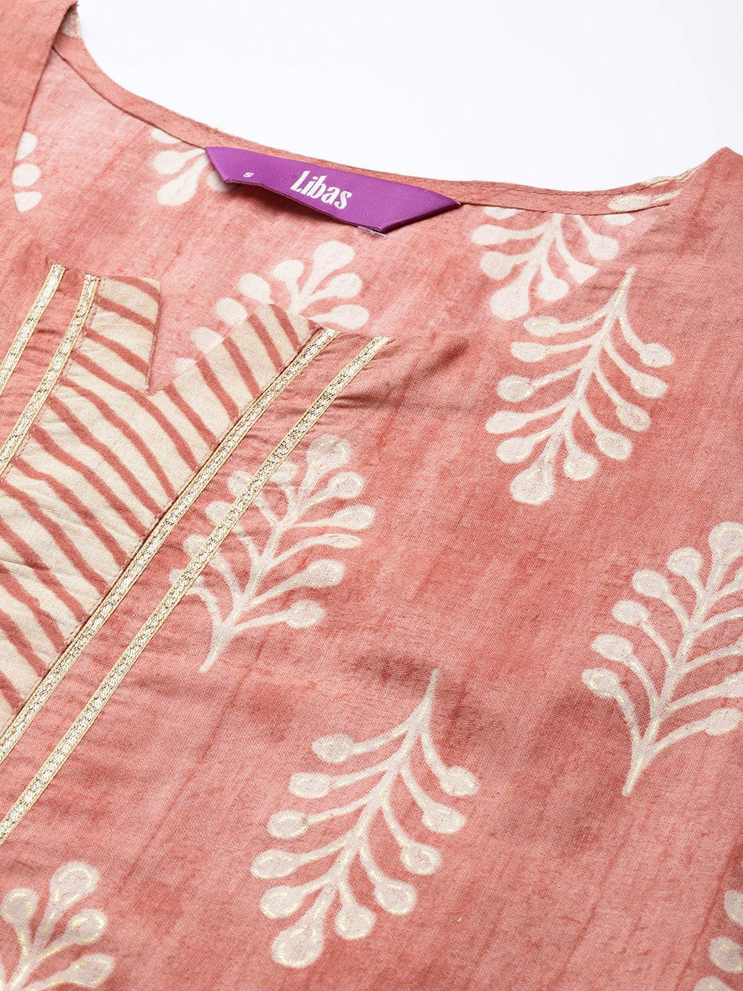 Peach Printed Cotton Straight Kurta - ShopLibas