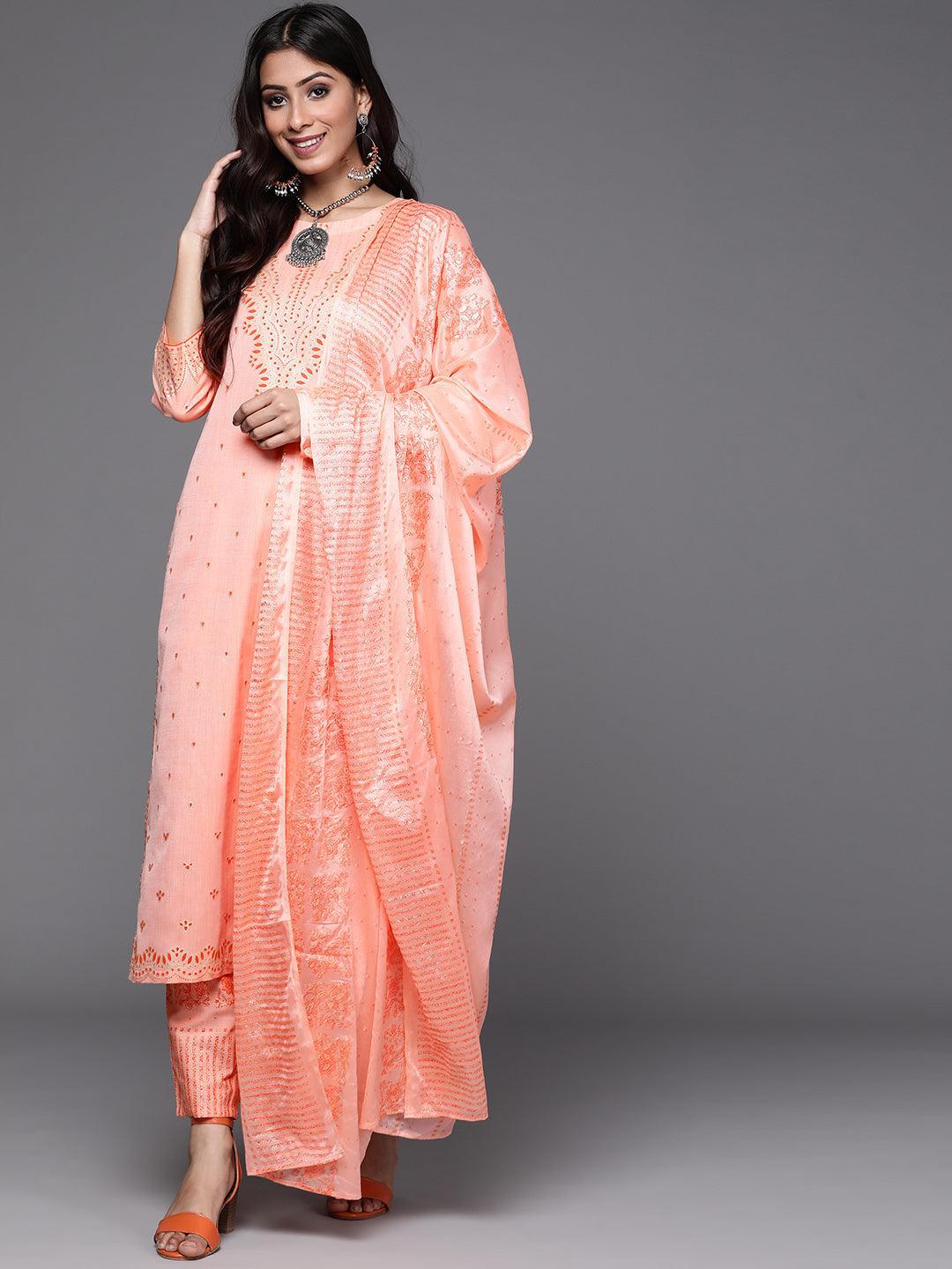 Peach Printed Cotton Suit Set - ShopLibas