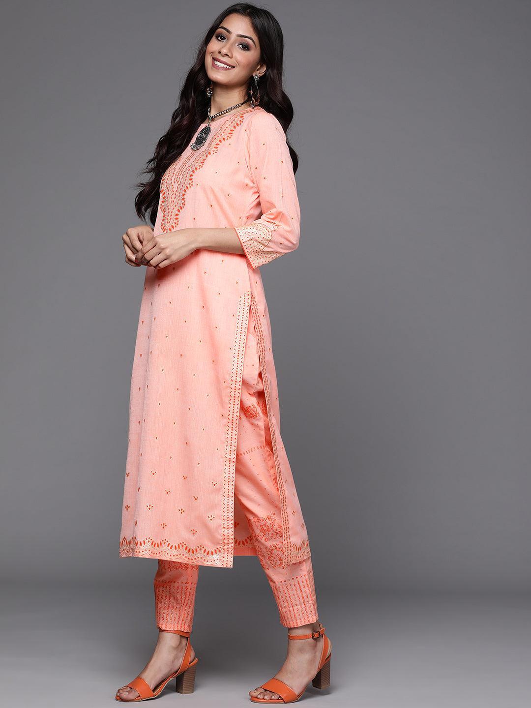 Peach Printed Cotton Suit Set