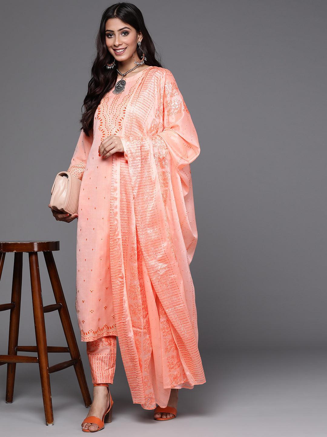 Peach Printed Cotton Suit Set