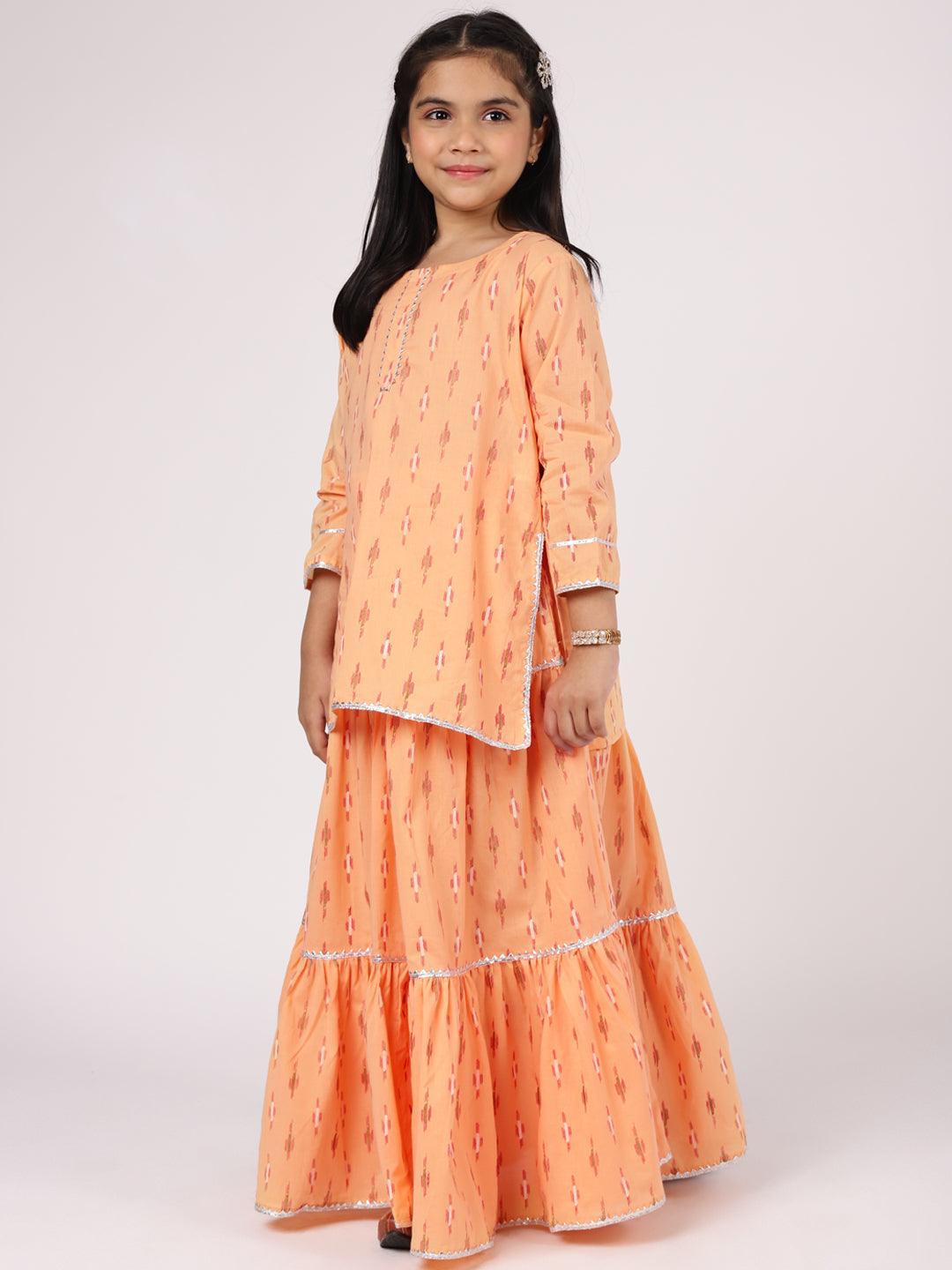 Kids Peach Printed Cotton Straight Suit Set