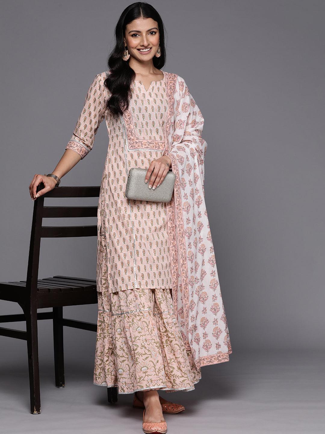 Peach Printed Cotton Straight Suit Set With Skirt - ShopLibas