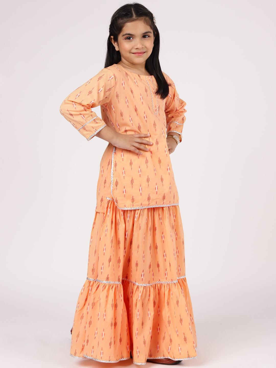 Kids Peach Printed Cotton Straight Suit Set