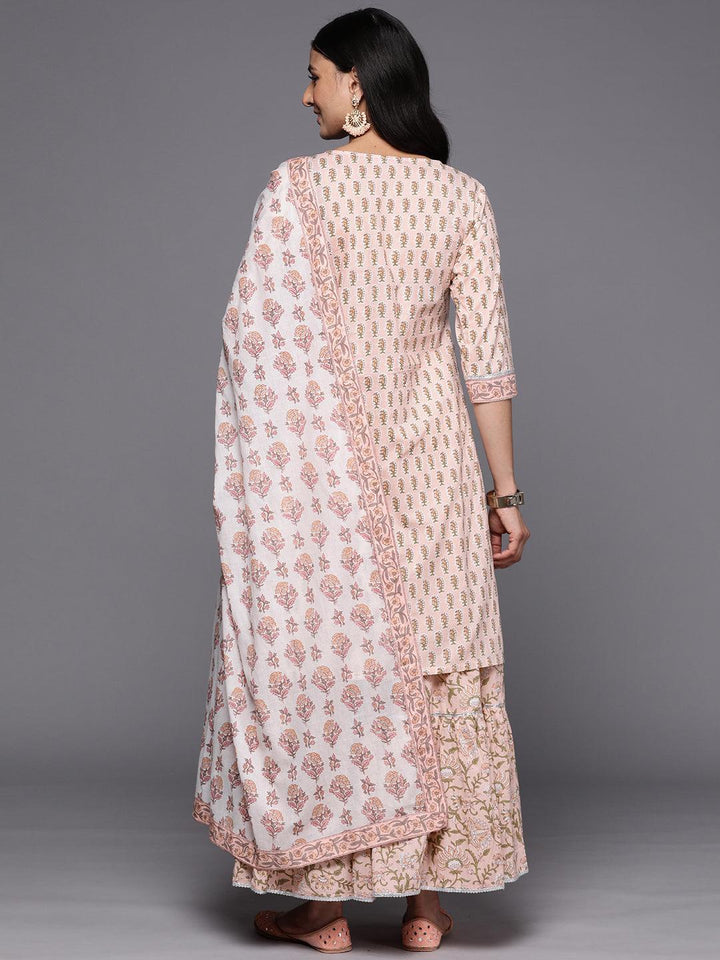 Peach Printed Cotton Straight Suit Set With Skirt - ShopLibas