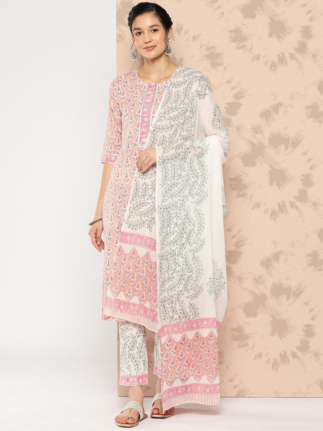 Peach Printed Cotton Straight Kurta With Trousers and Dupatta