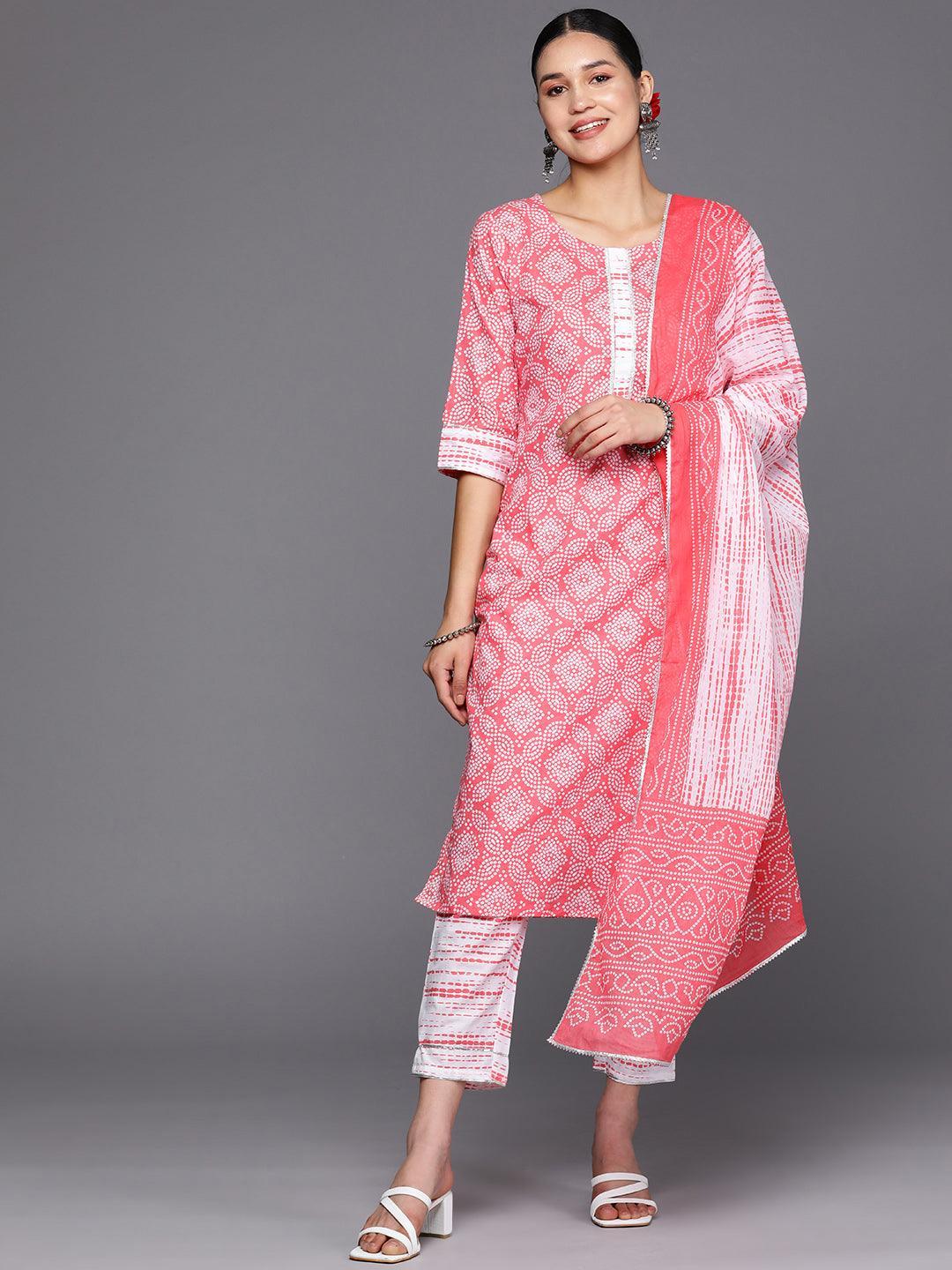 Peach Printed Cotton Straight Suit Set With Trousers