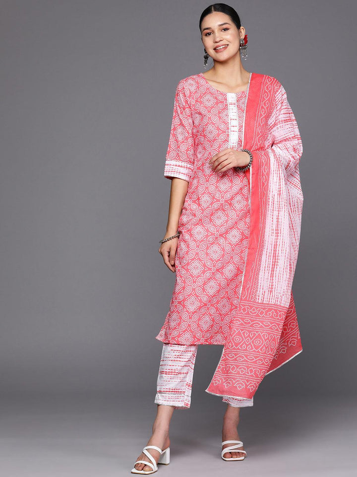 Peach Printed Cotton Straight Suit Set With Trousers - ShopLibas