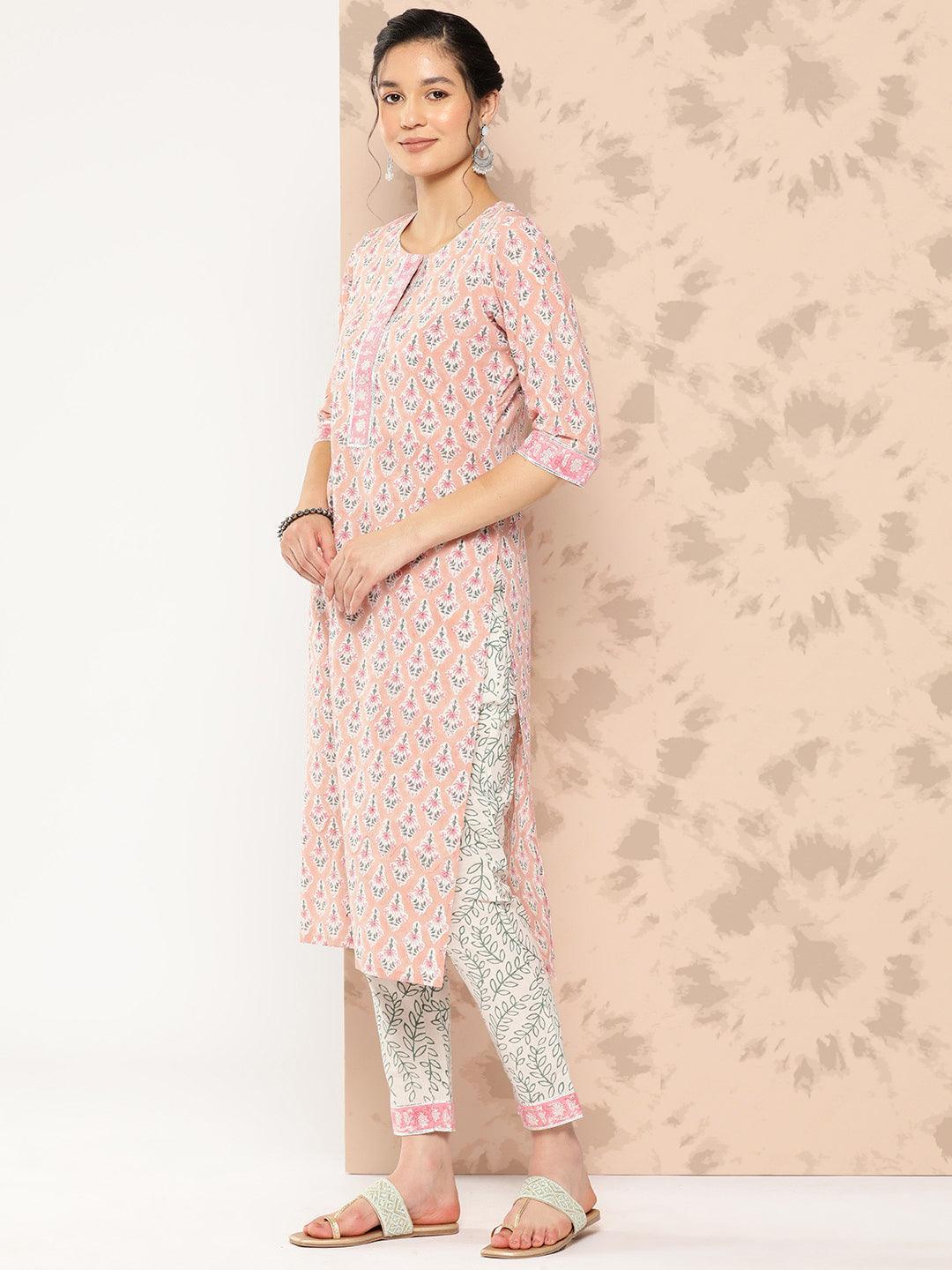 Peach Printed Cotton Straight Kurta With Trousers and Dupatta