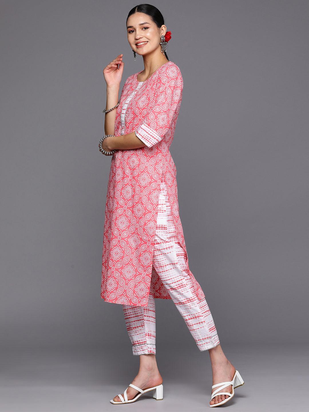 Peach Printed Cotton Straight Suit Set With Trousers