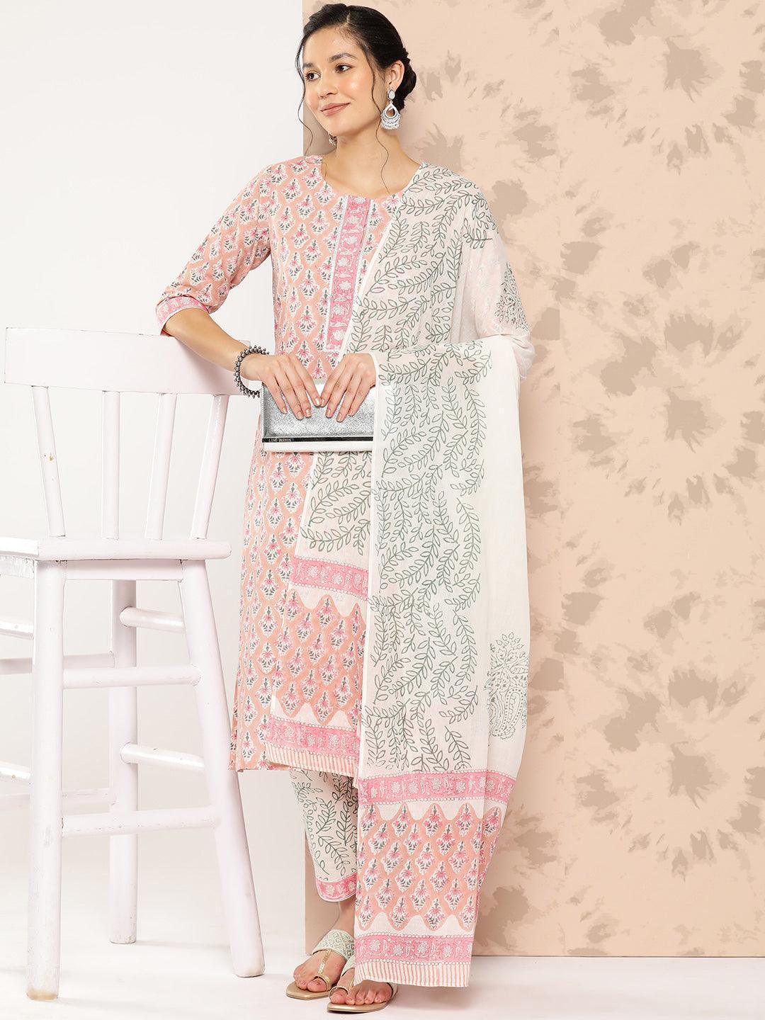 Peach Printed Cotton Straight Kurta With Trousers and Dupatta