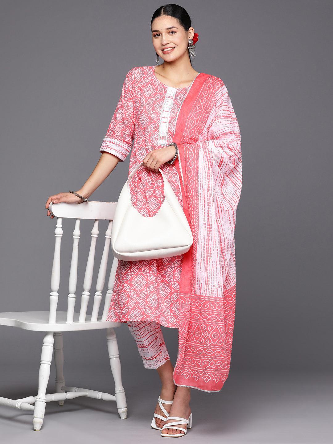 Peach Printed Cotton Straight Suit Set With Trousers