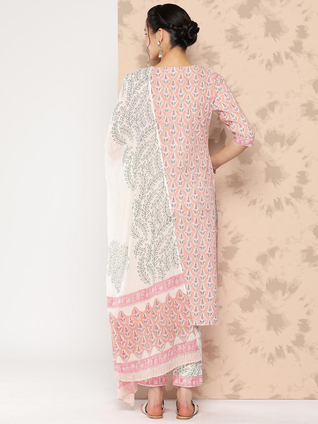 Peach Printed Cotton Straight Kurta With Trousers and Dupatta