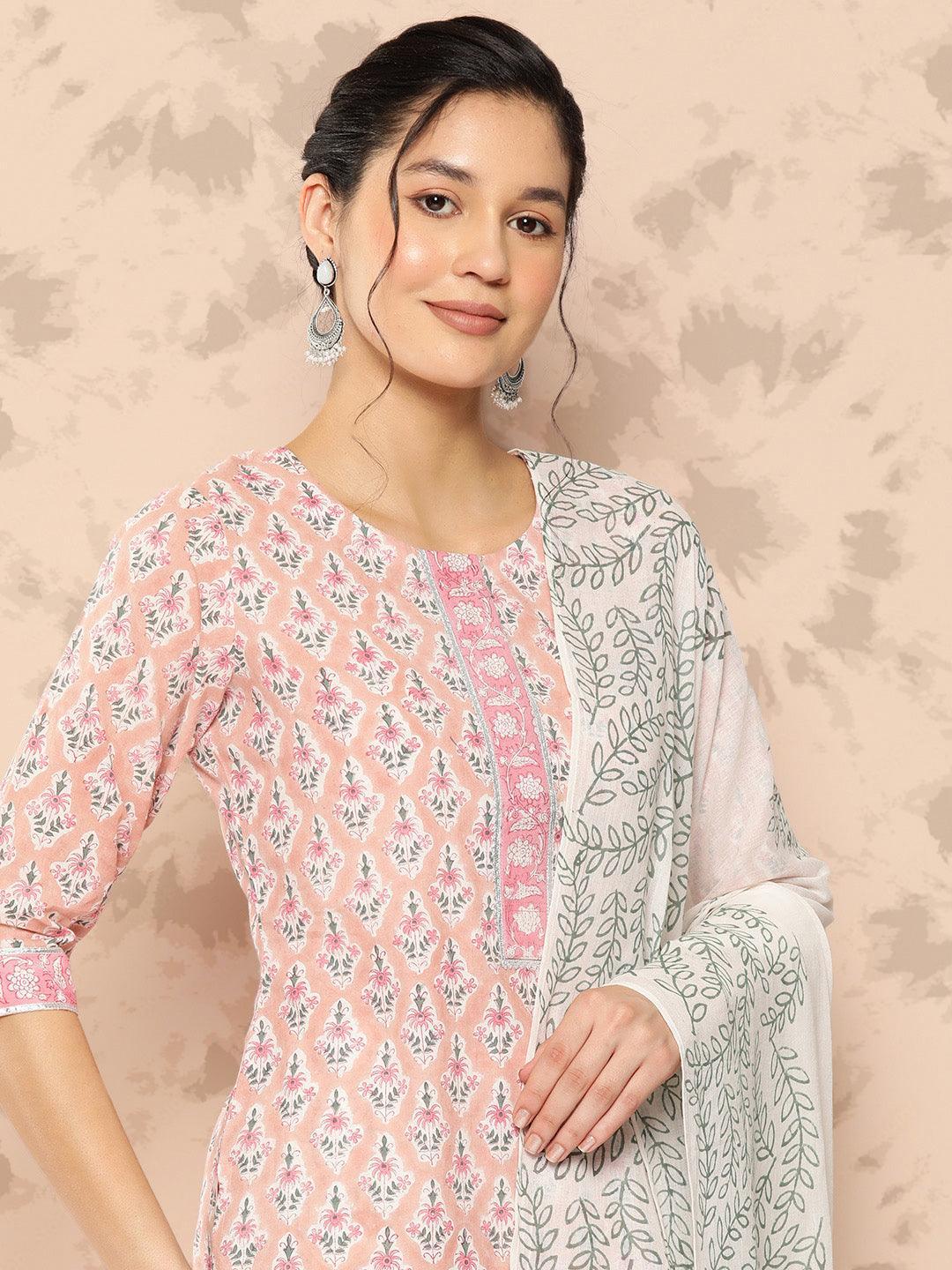 Peach Printed Cotton Straight Kurta With Trousers and Dupatta