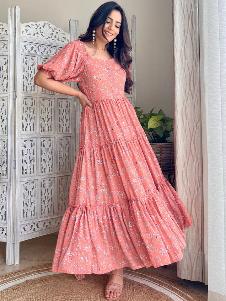 Peach Printed Georgette Dress - ShopLibas